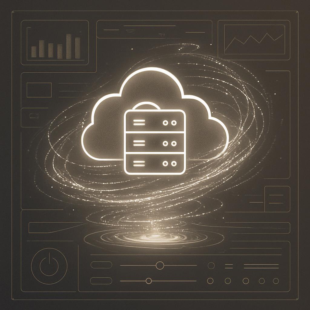 The alt text for the image is: "Cloud server icon on a swirling background."