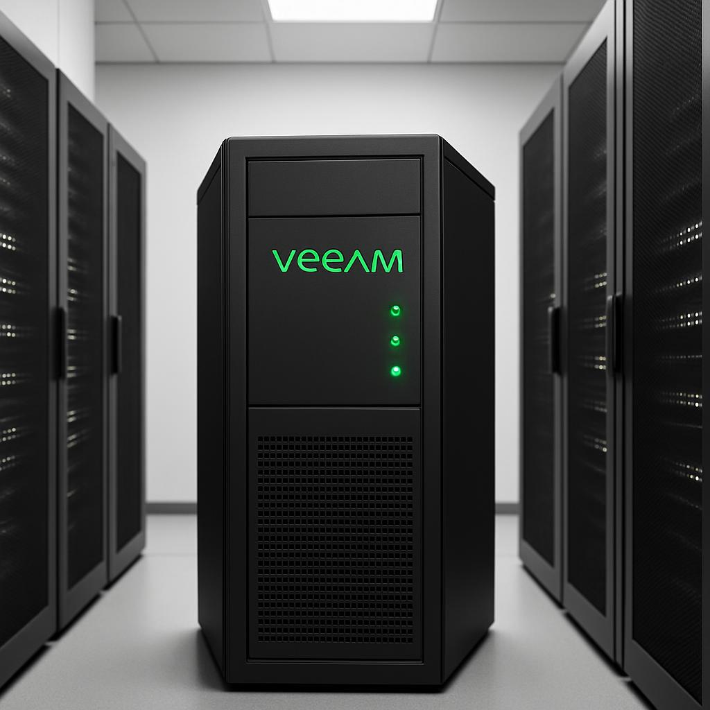 A photograph of a Veeam server case in a server room, surrounded by additional servers on both sides. The photograph is ta...