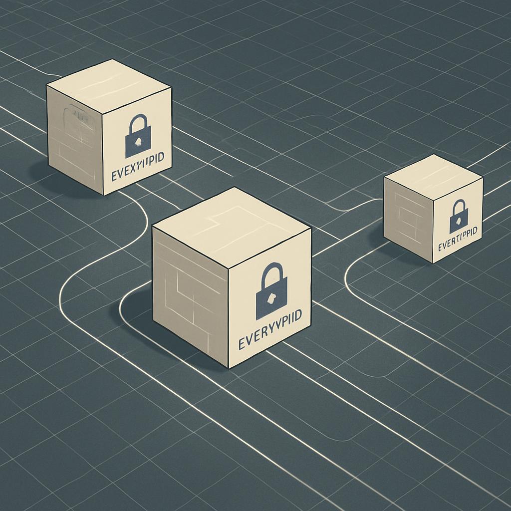 An isometric-looking illustration of three boxes with locks on them, and some ovals or circles around them.