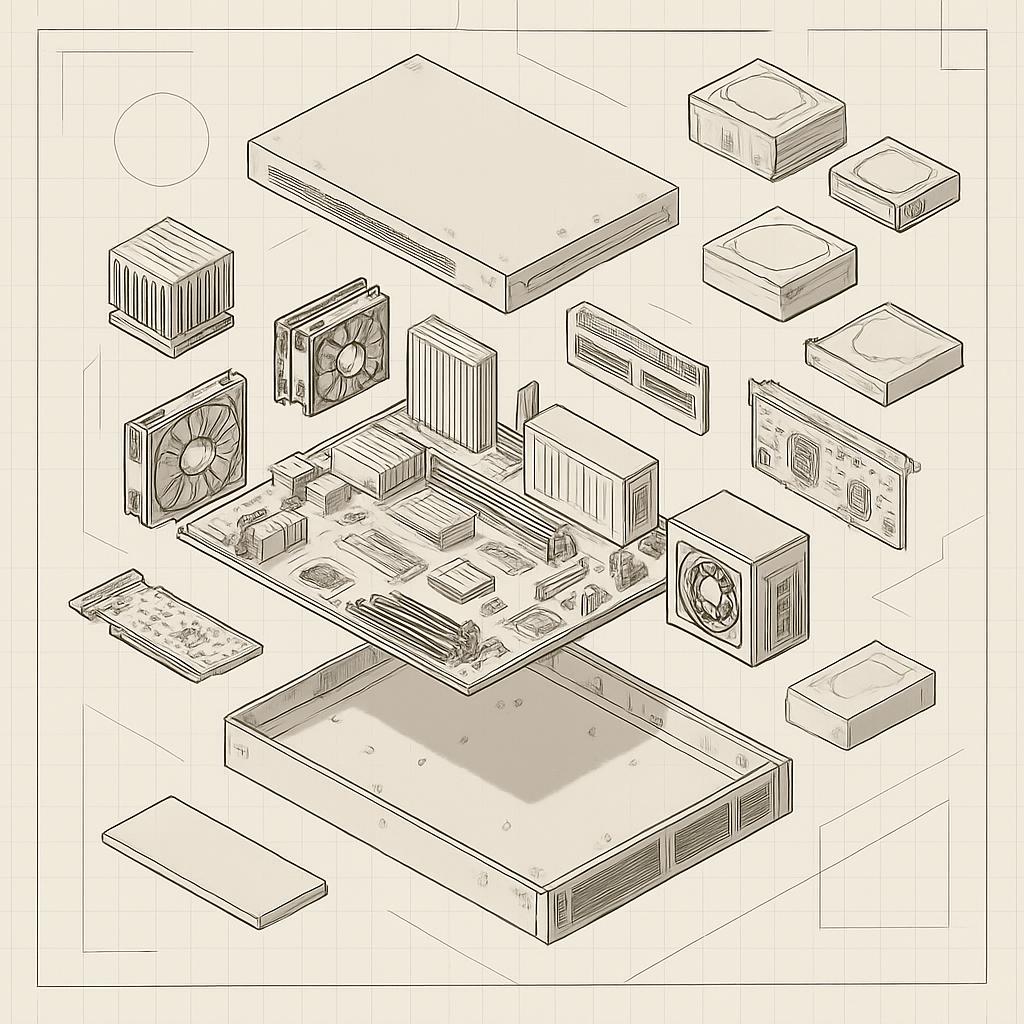 Computer components illustrated in sepia tones.